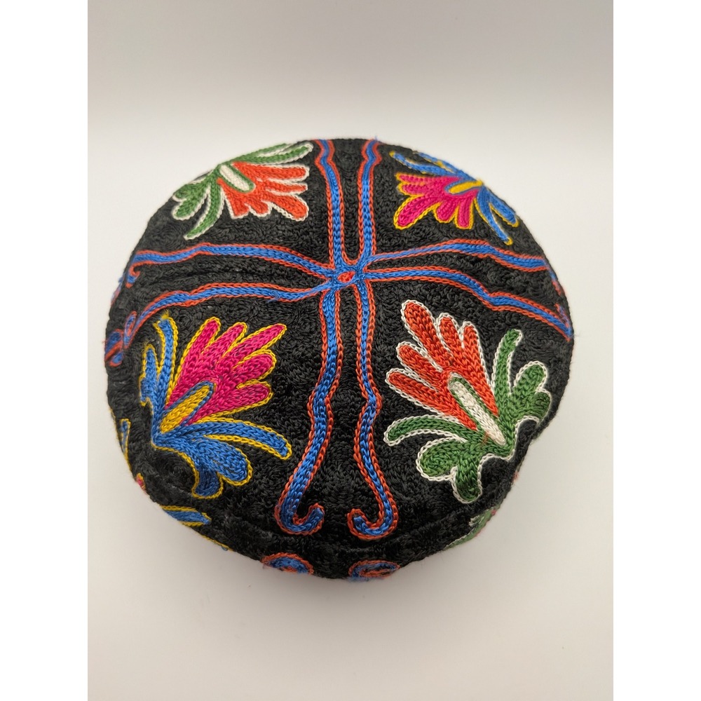 Vtg Uzbek Tubeteika Skullcap Hand Embroidered Floral Central Asian Hat 17.5in